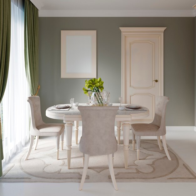 Dining room with large table and comfortable chairs, 3d rendering