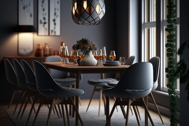 A dining room with a large window and a lamp that says'the best'on it