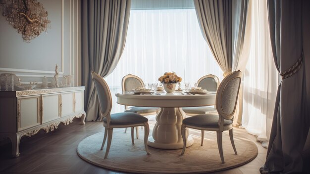 Una sala da pranzo con una grande finestra e un tavolo con sedie e un vaso  di fiori.