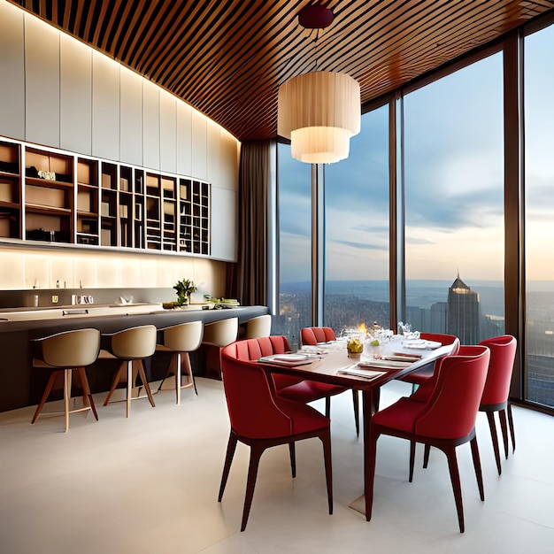 A dining room with a large window that has a view of the city.