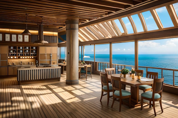 A dining room with a large window that says " sea view " on the top.