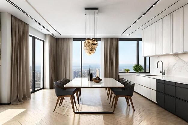 A dining room with a large window and a view of the city.