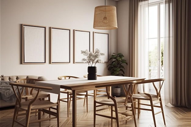 Photo a dining room with a large window and a wooden table with chairs and a lamp on it.