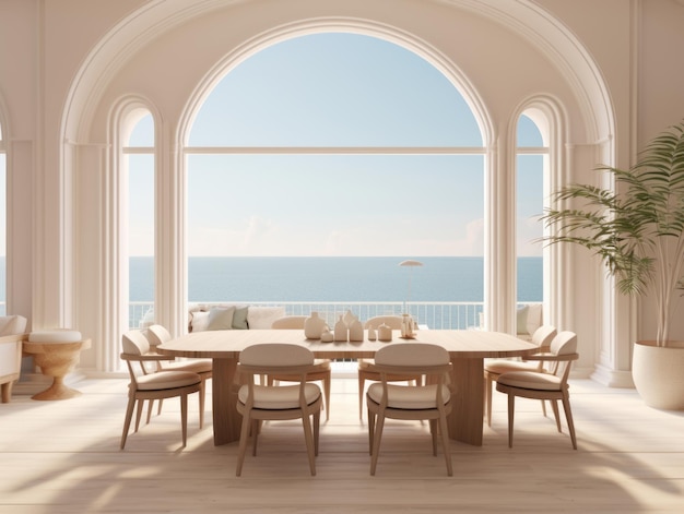 Dining room with large windows looking toward the ocean 3d rendering