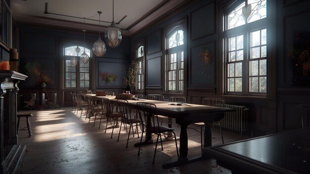 A dining room with a lot of tables and chairs generative ai image dark academia style