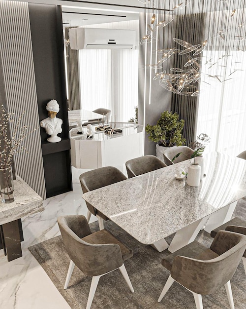 A dining room with a marble table and chairs and a lamp.