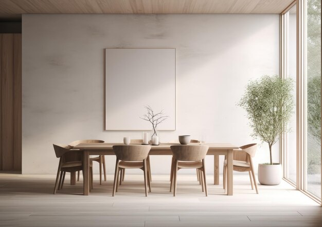 A dining room with a minimalist design and clean lines