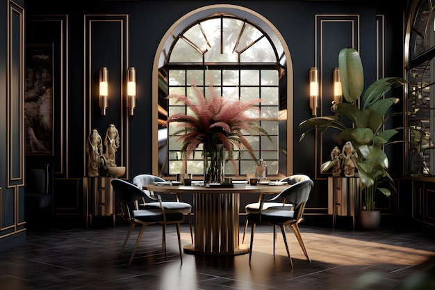 A dining room with a mix of Art Deco and Hollywood Regency design