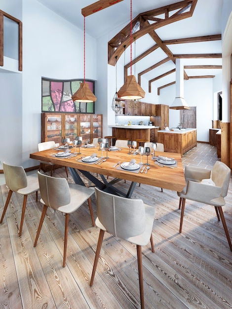 Dining room with a modern countrystyle kitchen