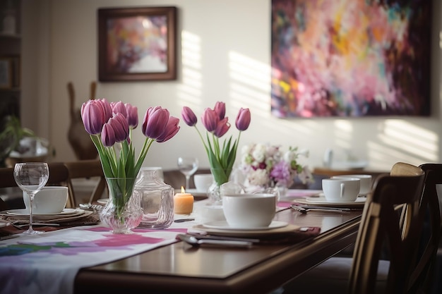 A dining room with a pink and white tablecloth and a vase of flowers on the table.