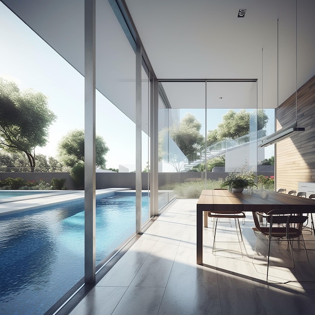 A dining room with a pool in the background