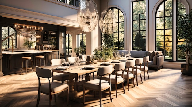 Dining room with a statement chandelier and large windows