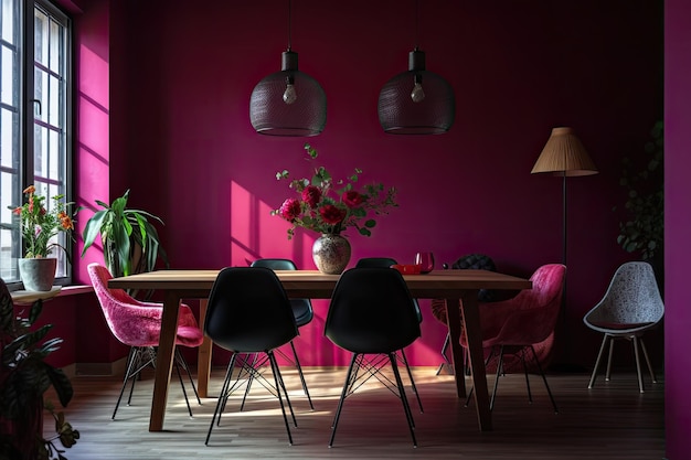 A dining room with a table and chairs and a lamp