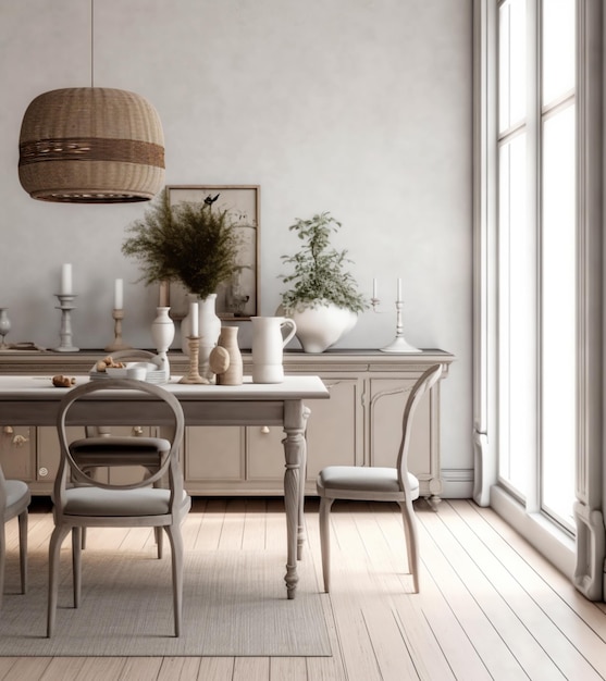 A dining room with a table and chairs and a lamp.