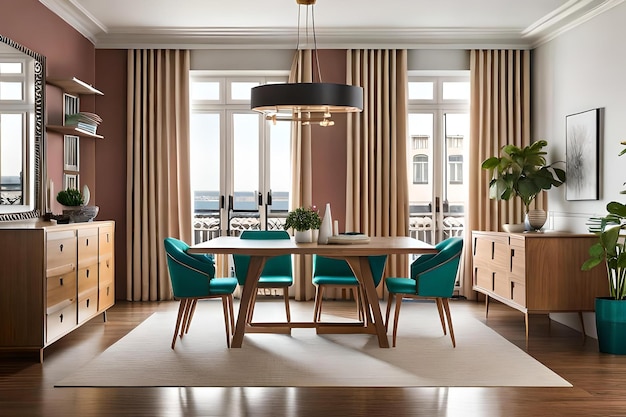 A dining room with a table and chairs and a lamp