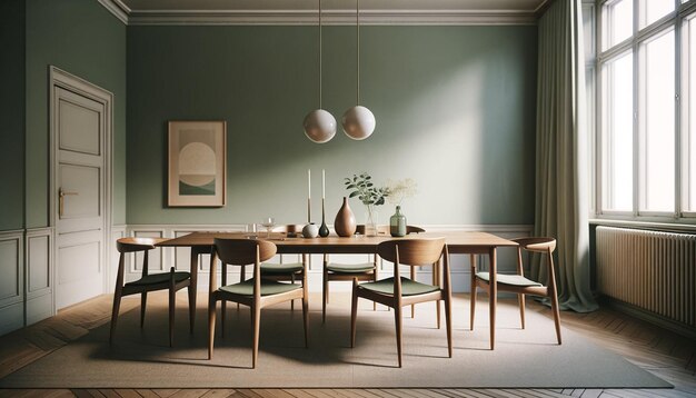 a dining room with a table and chairs and a painting on the wall