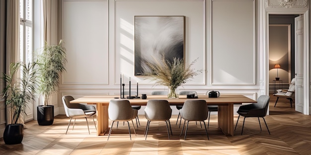 a dining room with a table and chairs and a picture of a plant on the wall.