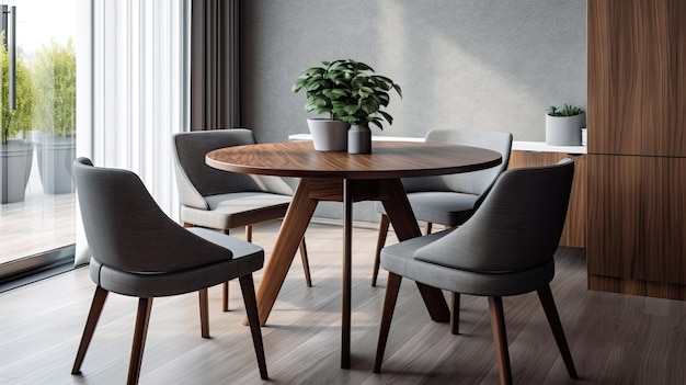 A dining room with a table and chairs and a plant on the wall