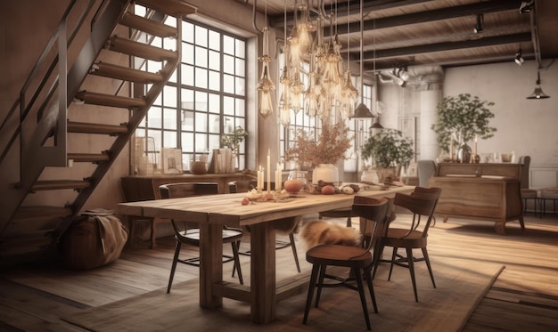 A dining room with a table and chairs and a staircase with a wooden frame and a lamp on it.