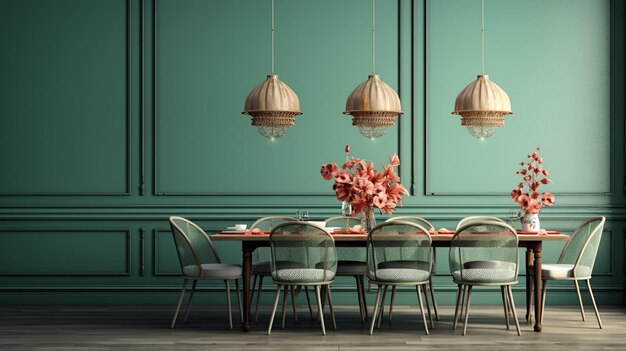 a dining room with a table and chairs and a vase of flowers