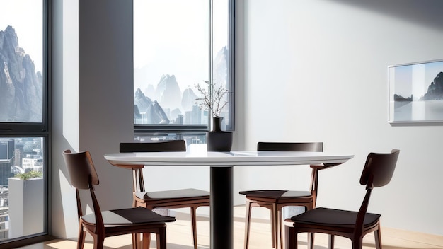 A dining room with a table and chairs and a window with a cityscape in the background.