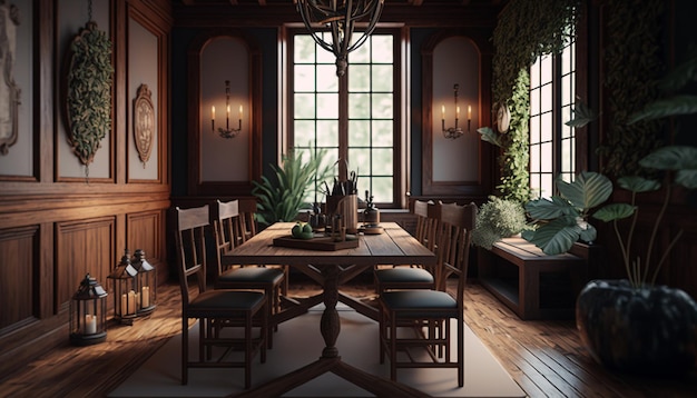 A dining room with a table and chairs and a window with a plant on it.