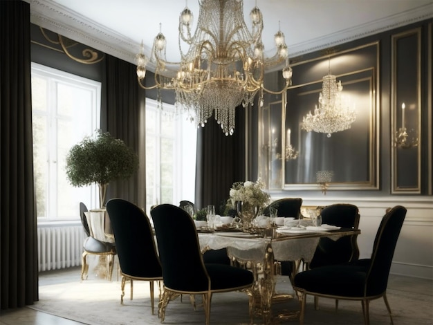 A dining room with a table and chairs with a chandelier hanging from the ceiling