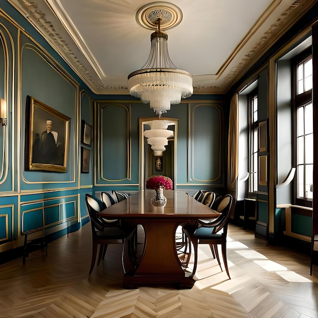 A dining room with a table and chairs