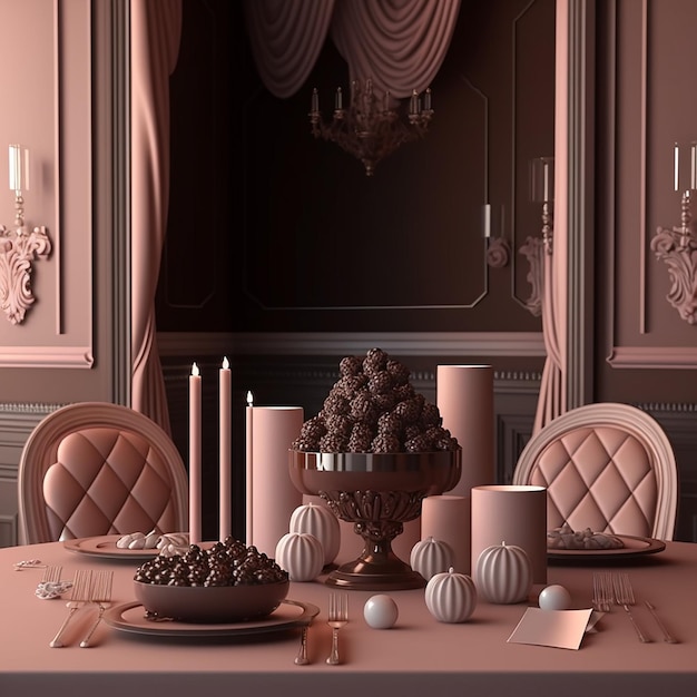 A dining room with a table full of chocolates and a candle holder.