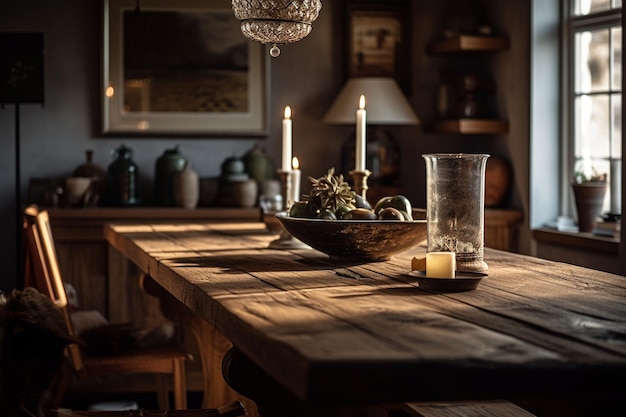 A dining room with a table and a lamp