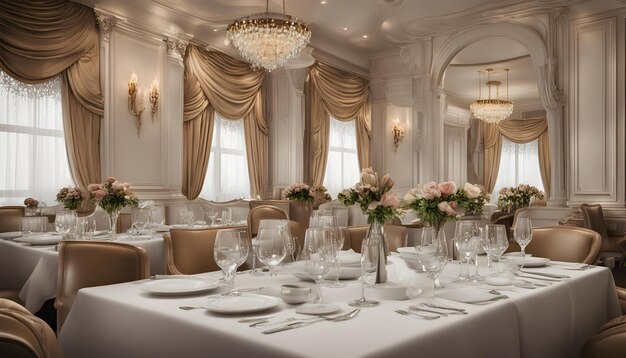 a dining room with a table set for a wedding