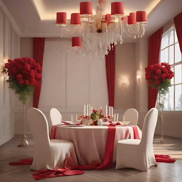 Photo a dining room with a table with a pink tablecloth and red flowers