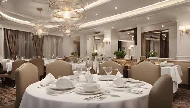 Photo a dining room with a table with a white tablecloth and a white tablecloth