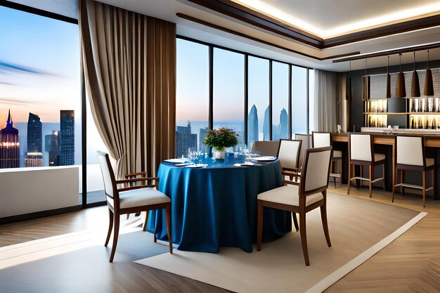 a dining room with a tablecloth and a blue tablecloth.