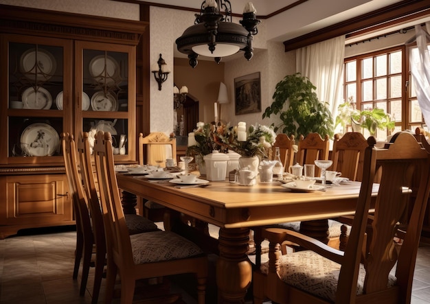 A dining room with a traditional design and wood furniture