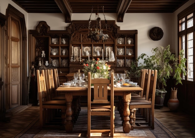 A dining room with a traditional design and wood furniture