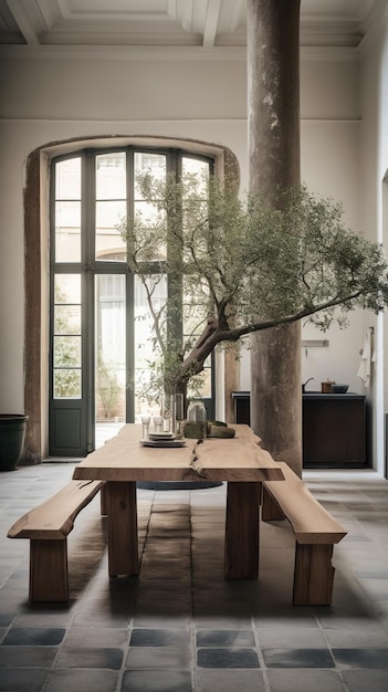 A dining room with a tree in the middle and a large window in the background.