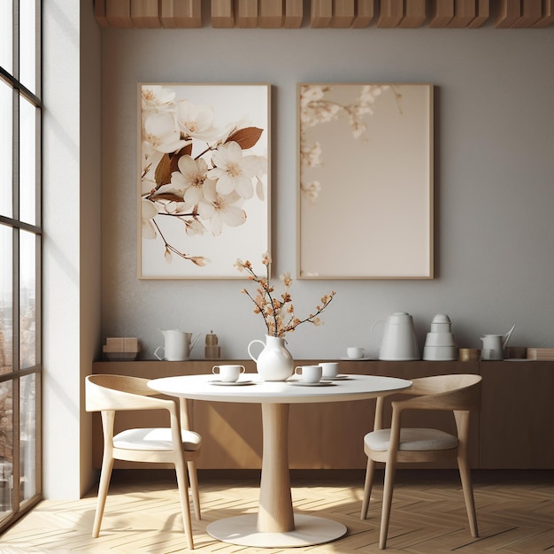 A dining room with a vase and flowers on the table.