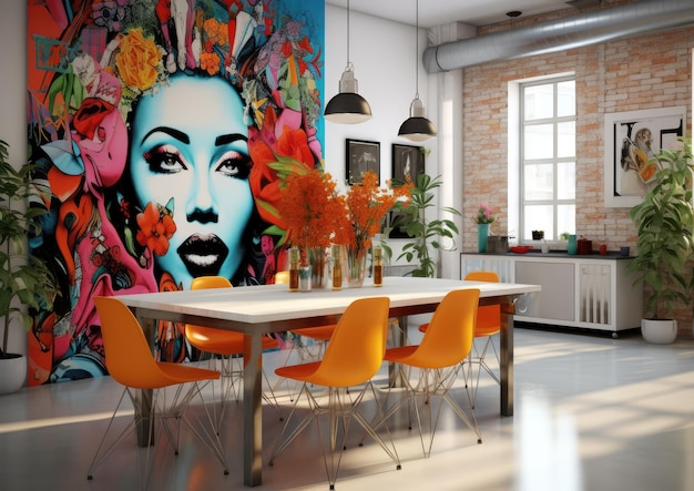 A dining room with a vibrant and eclectic style