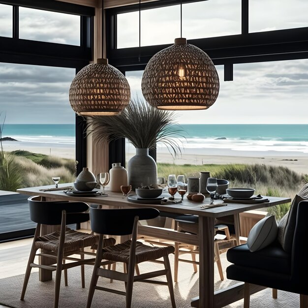 A dining room with a view of the beach and the ocean in the background.