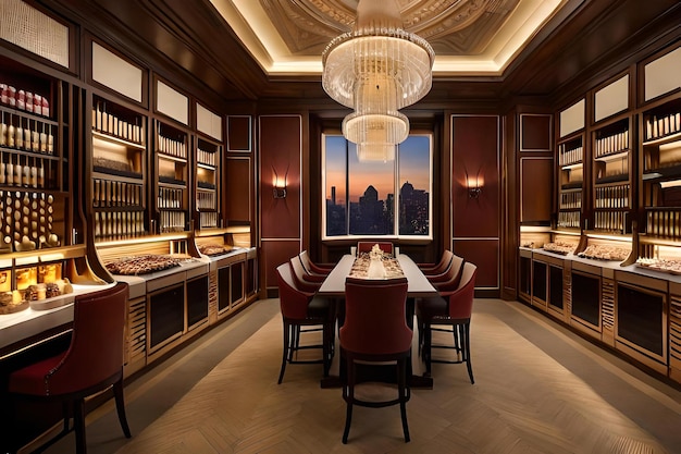 A dining room with a view of the city skyline.