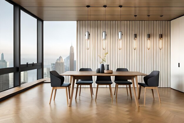 A dining room with a view of the city skyline