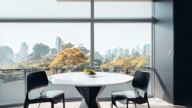 A dining room with a view of the city.