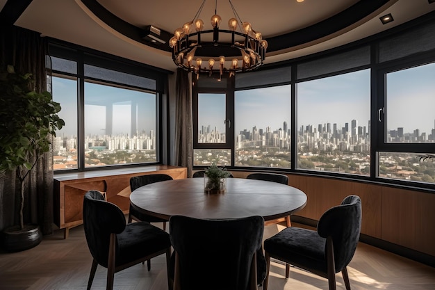 A dining room with a view of the city