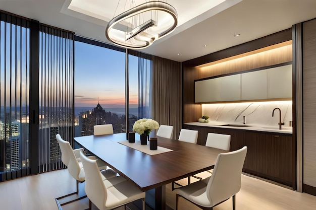 Dining room with a view of the cityscape