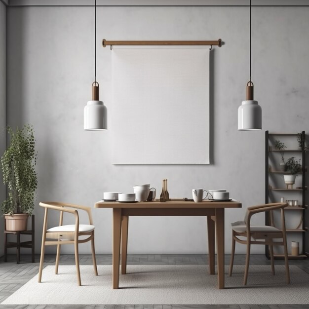 A dining room with a white poster hanging on the wall.