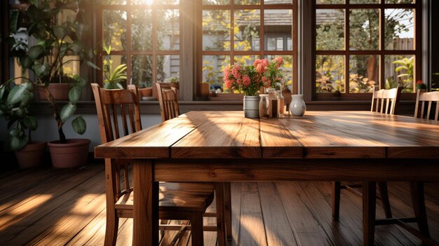 A dining room with a wooden floor and a table