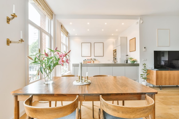 Dining room with wooden furniture