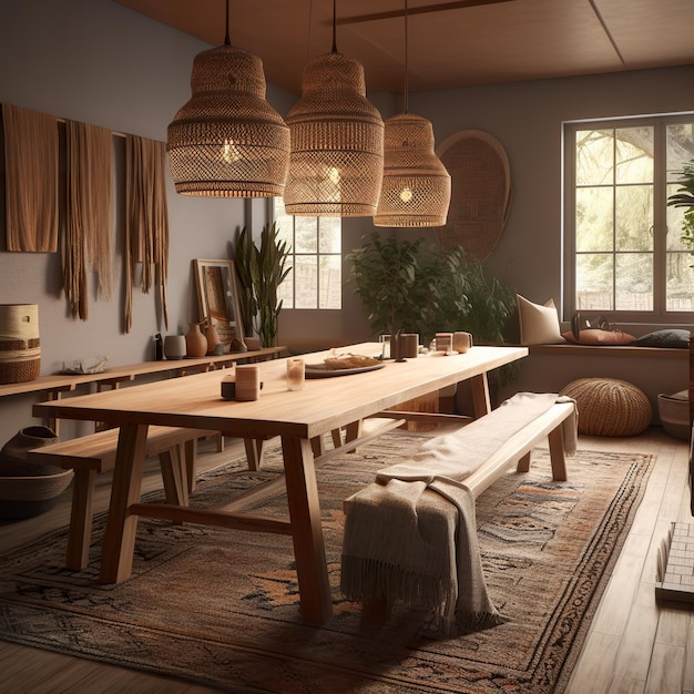 A dining room with a wooden table and a bench AI generative image Cosy Norvegian house