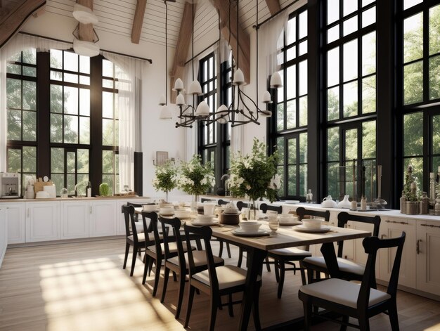 Dining room with wooden table and black chairs decorated with green trees natural light shines through windows Generative AI